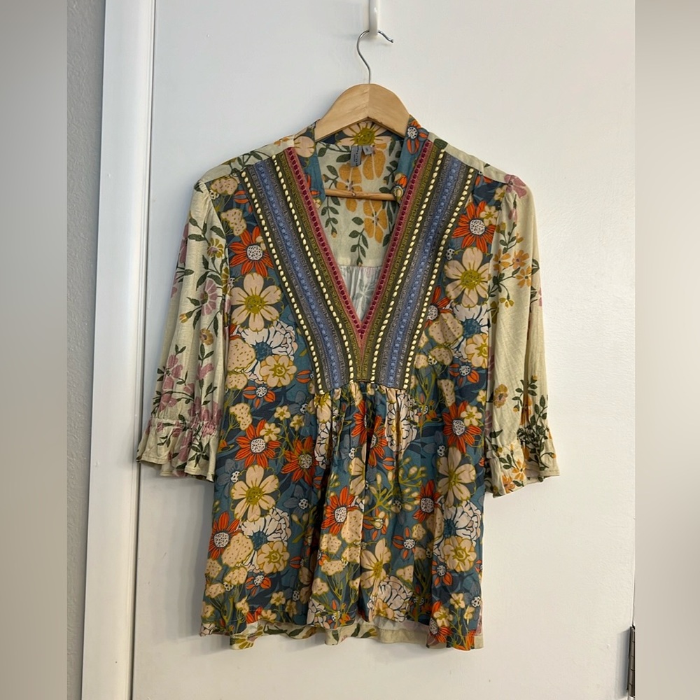 Anthropologie Bl^nk Stephanie Top color blue motif size L